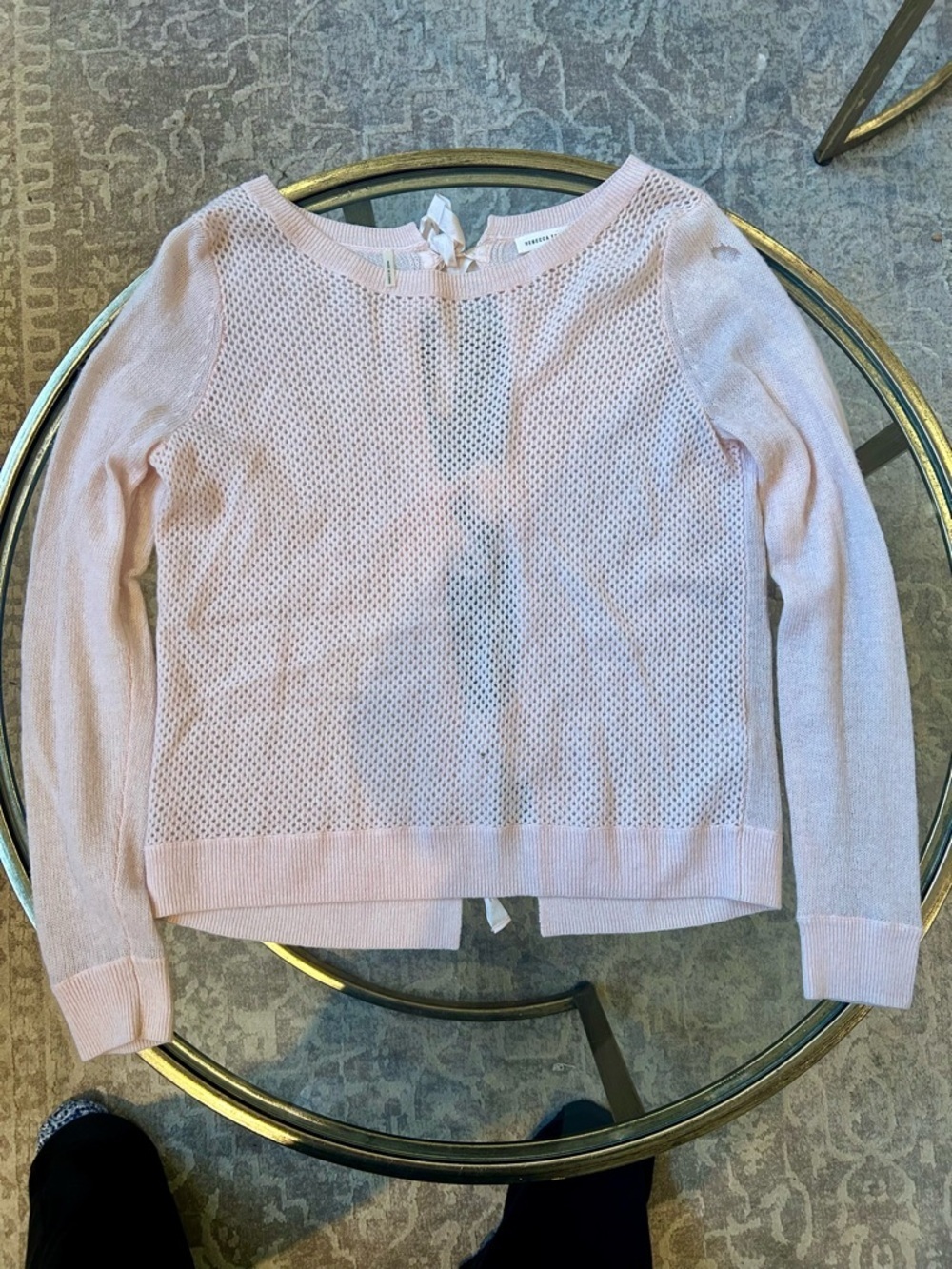 Rebecca Taylor Pink Cashmere Tie Back Sweater, Open Knit Bow Details, Size M - Picture 2 of 8